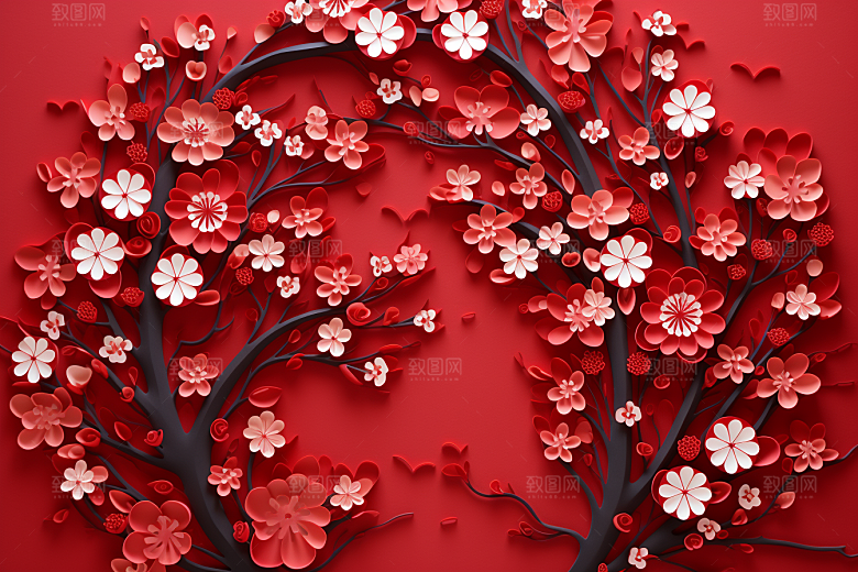 红色梅花3D传统艺术剪纸