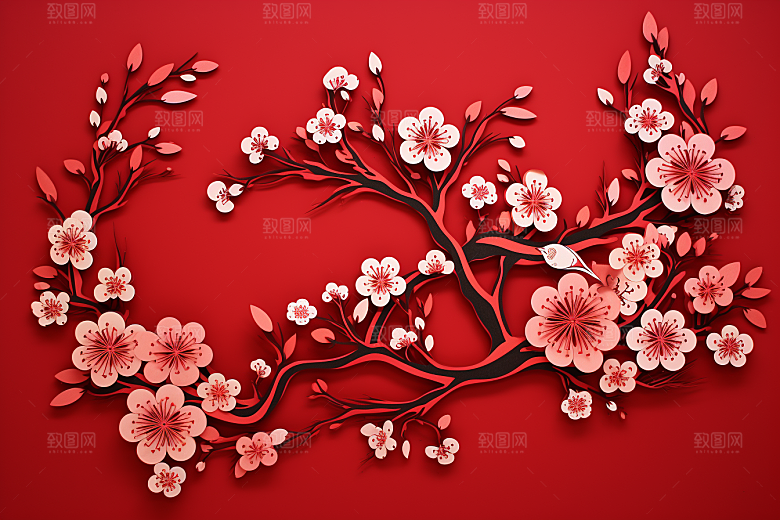 红色梅花纸艺立体剪纸