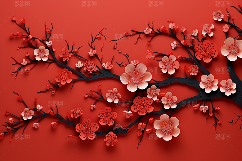 红色梅花立体过年剪纸