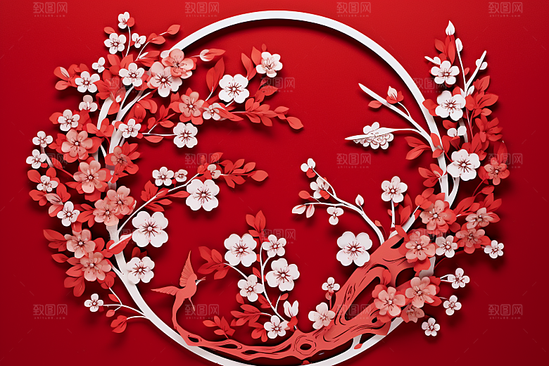 红色梅花3D纸艺剪纸