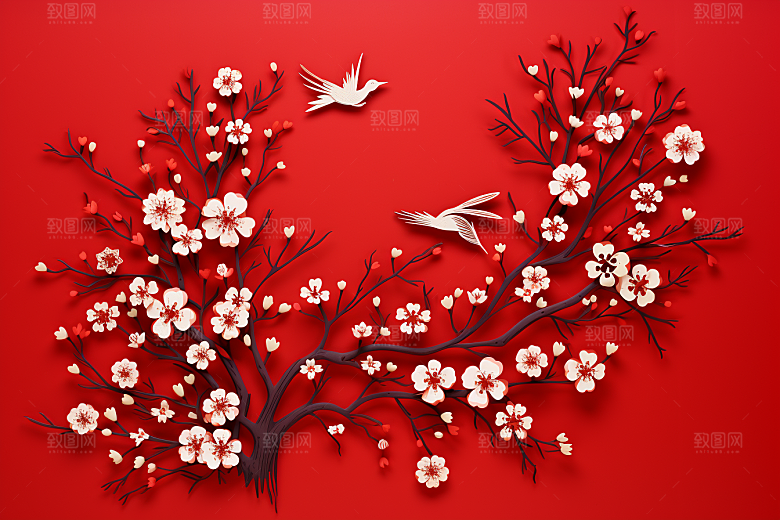红色梅花春节立体剪纸