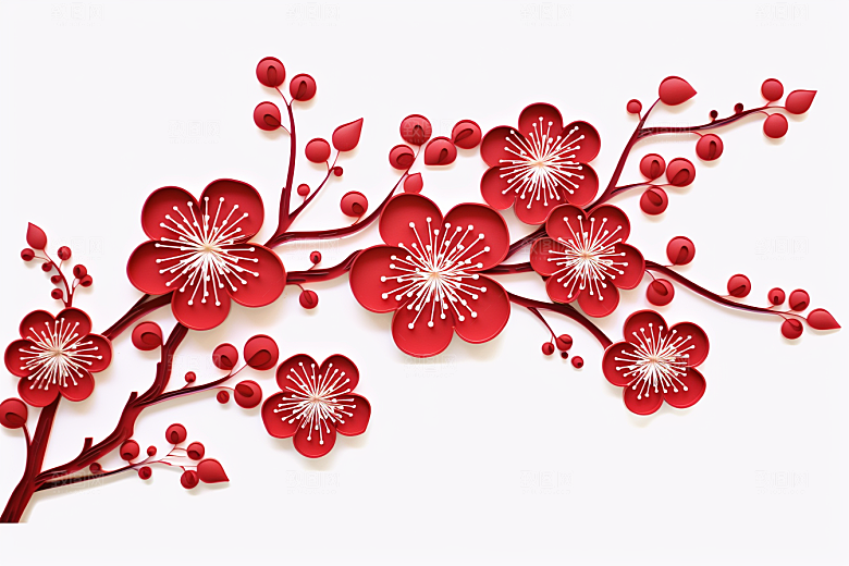 红色梅花纸艺3D剪纸