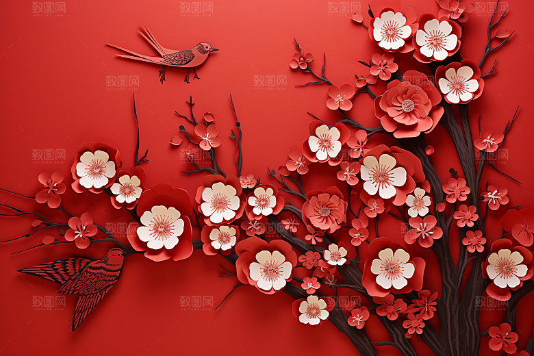 红色梅花3D红梅剪纸