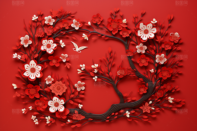 红色梅花红梅新年剪纸