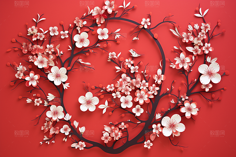 红色梅花纸艺3D剪纸