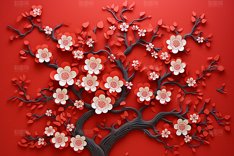 红色梅花传统艺术喜庆剪纸