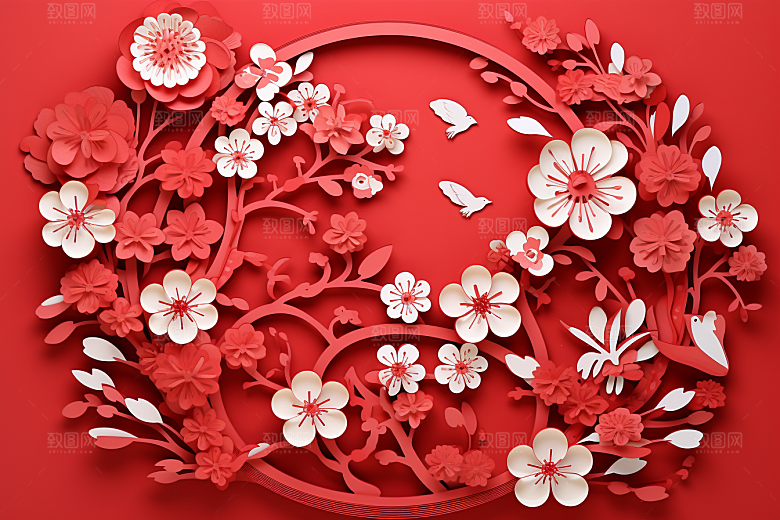 红色梅花喜庆3D剪纸