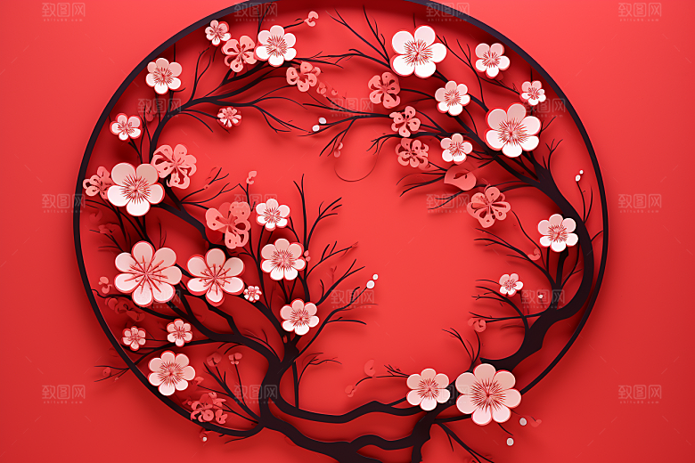 红色梅花过年红梅剪纸