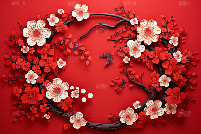 红色梅花立体3D剪纸
