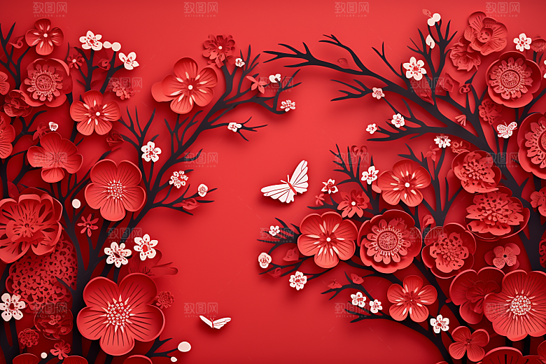 红色梅花传统艺术红梅剪纸