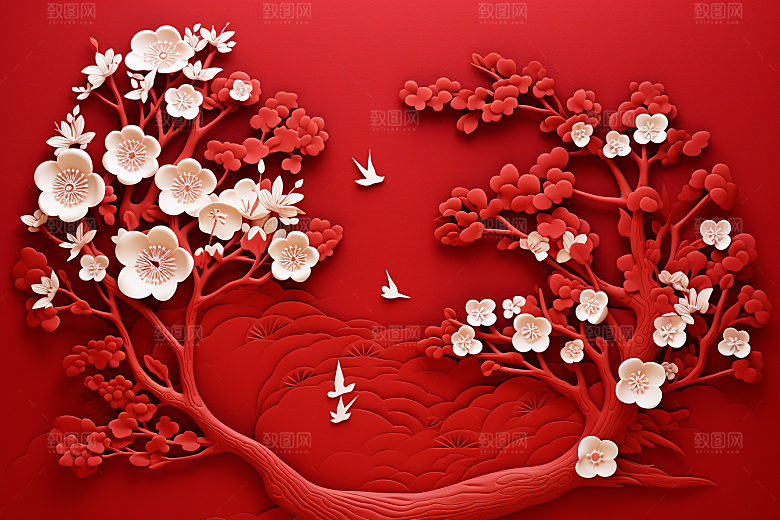 红色梅花喜庆传统艺术剪纸