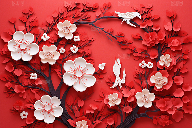 红色梅花新年红梅剪纸