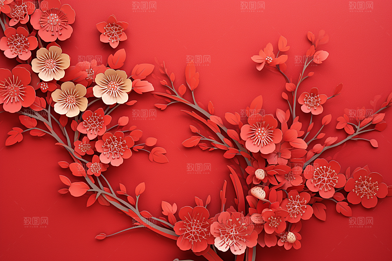 红色梅花传统艺术喜庆剪纸