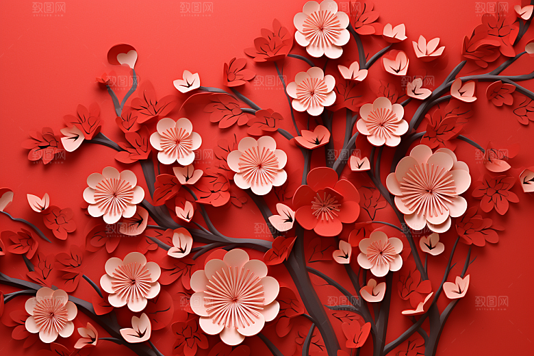 红色梅花喜庆过年剪纸
