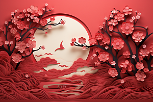 红色梅花春节纸艺剪纸