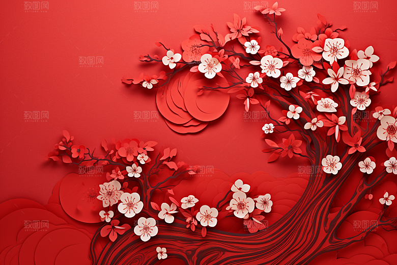 红色梅花新年过年剪纸