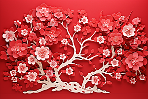 红色梅花3D春节剪纸
