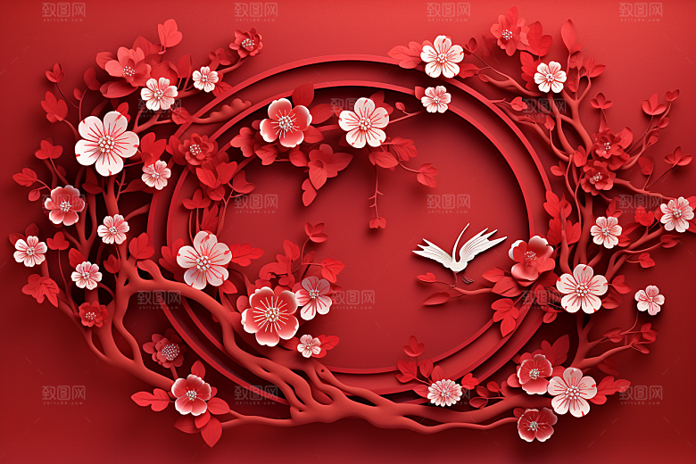 红色梅花过年3D剪纸