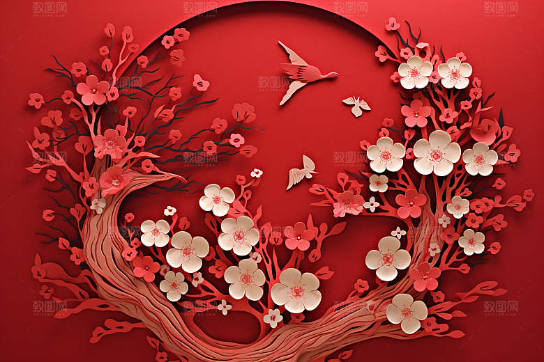 红色梅花新年红梅剪纸