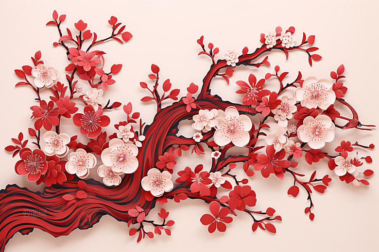 红色梅花红梅3D剪纸