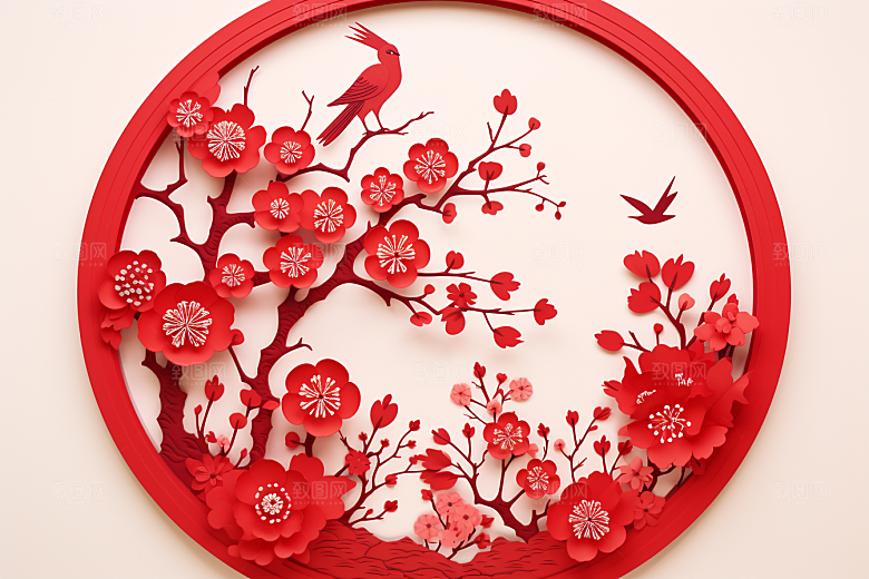 红色梅花红梅3D剪纸