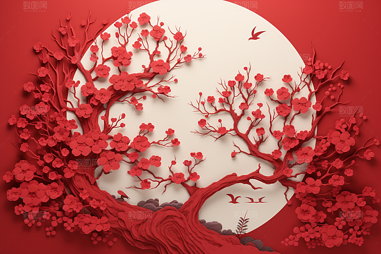 红色梅花纸艺喜庆剪纸