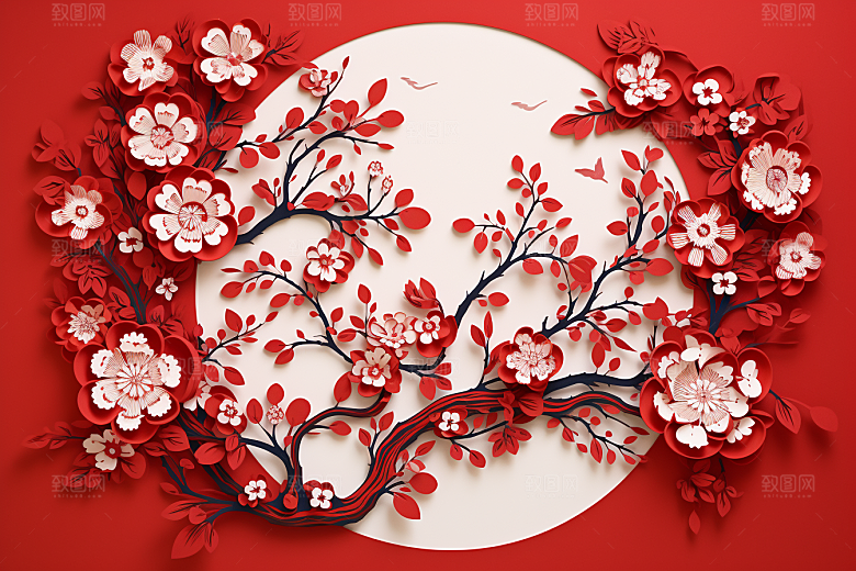 红色梅花传统艺术红梅剪纸