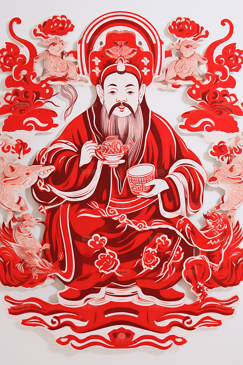 迎灶王爷春节新年剪纸