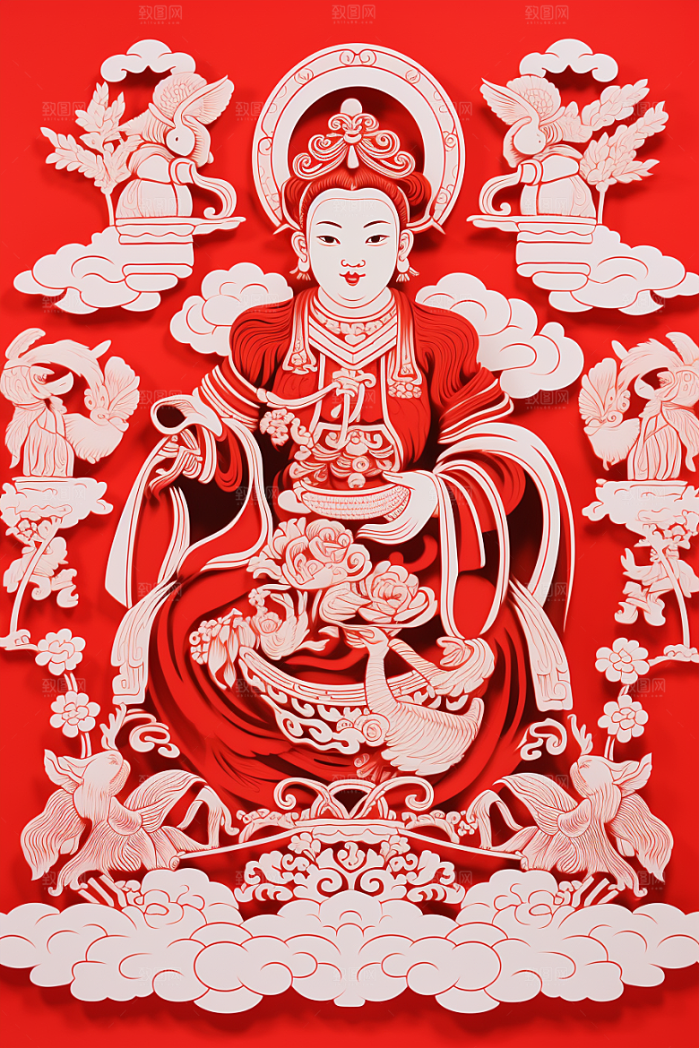 迎灶王爷红色小年剪纸