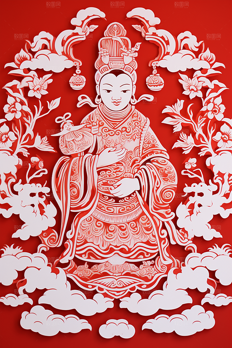 迎灶王爷红色春节剪纸
