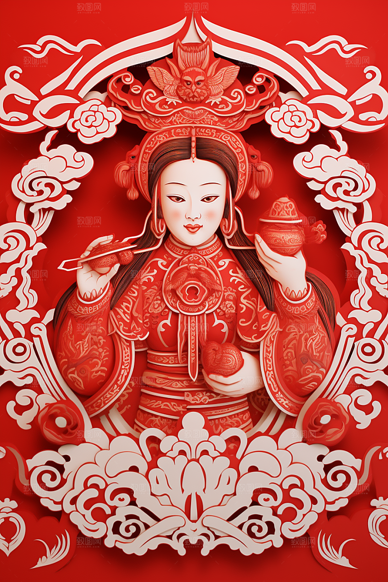 迎灶王爷红色新年剪纸