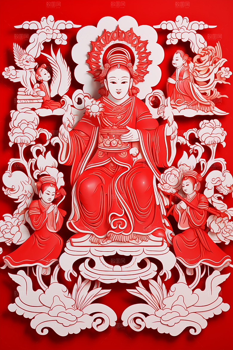 迎灶王爷红色传统剪纸