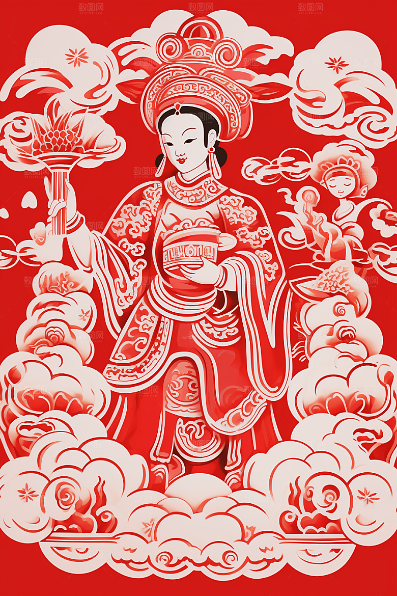 迎灶王爷春节红色剪纸