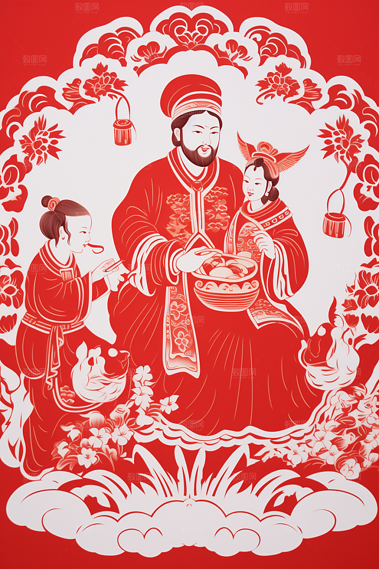 迎灶王爷红色春节剪纸