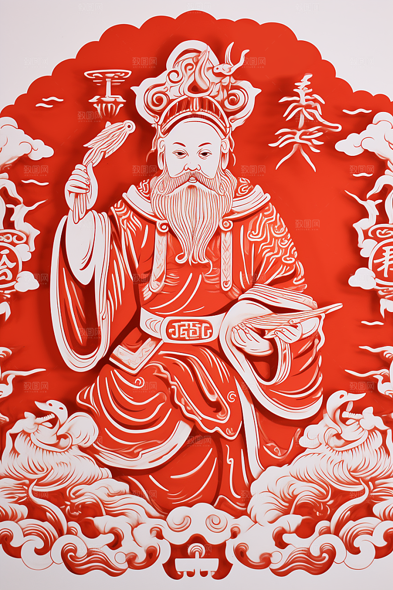 迎灶王爷红色春节剪纸
