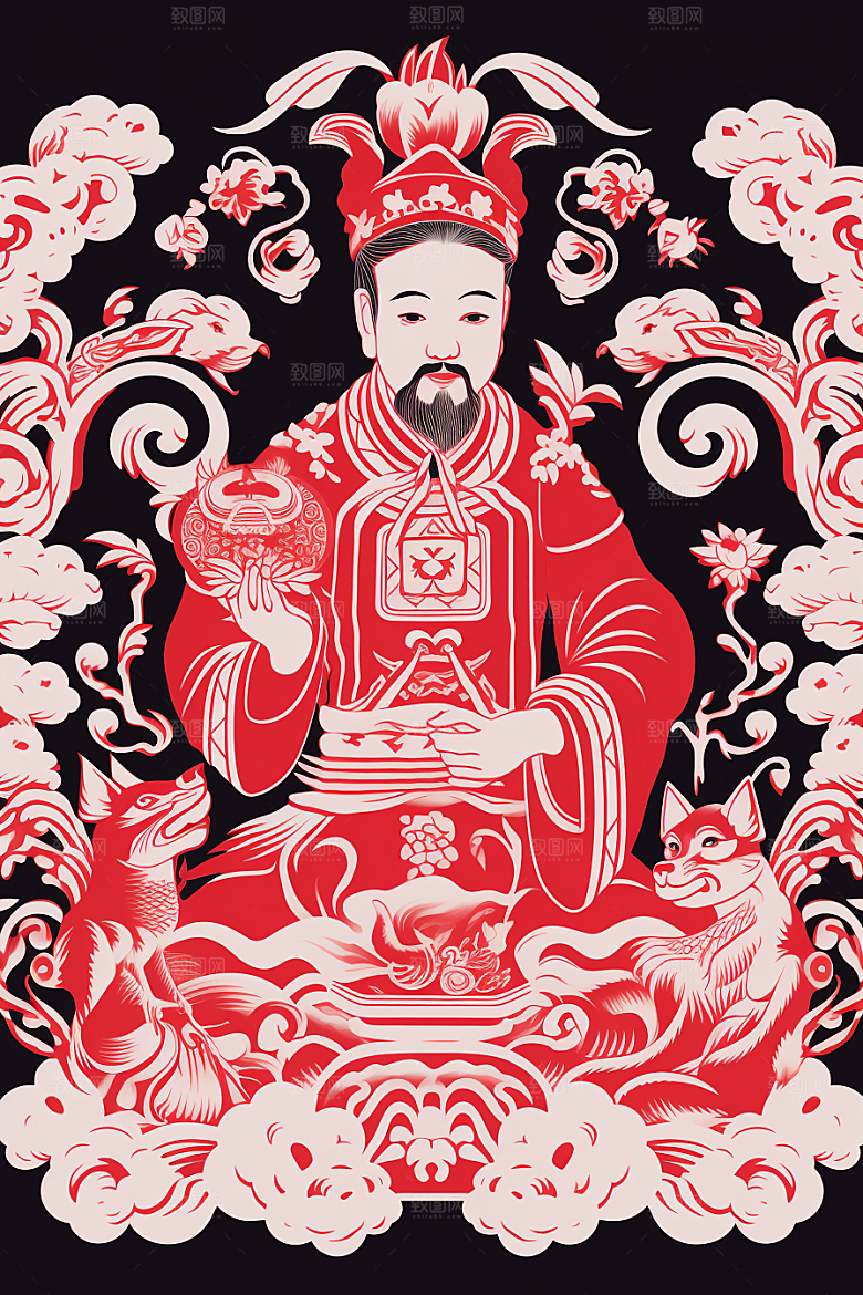 迎灶王爷小年红色剪纸