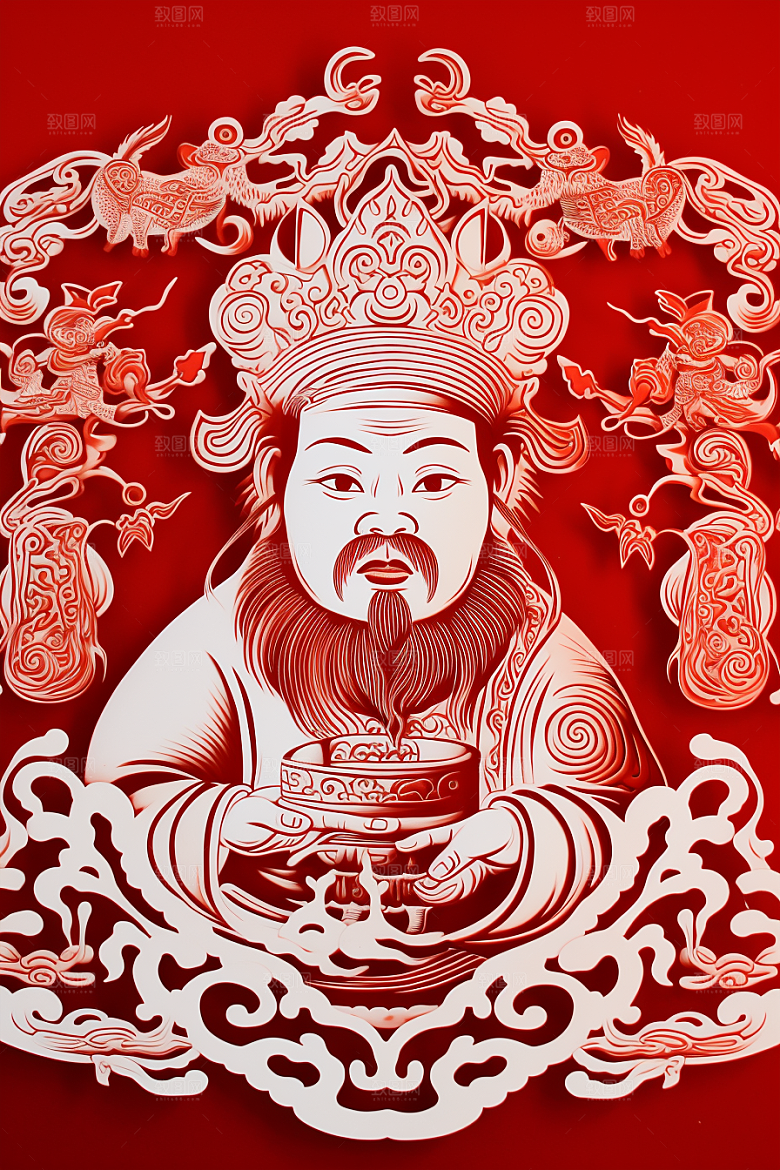 迎灶王爷春节中国风剪纸