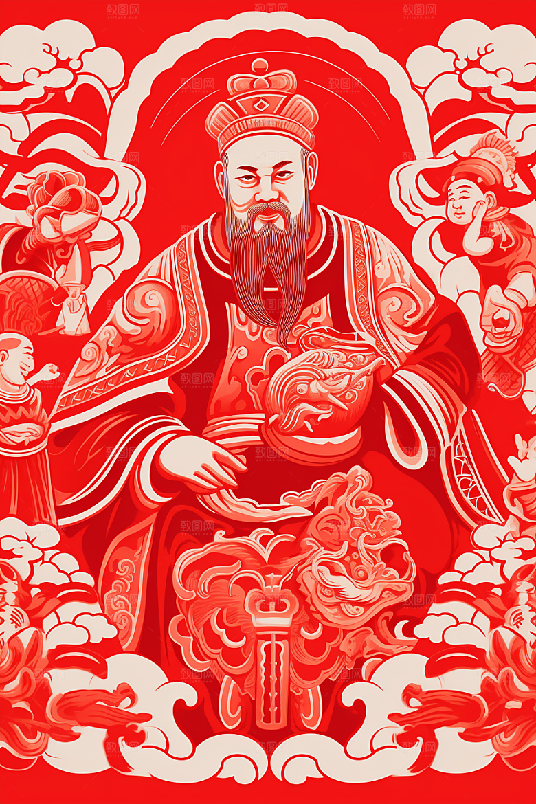 迎灶王爷红色新年剪纸