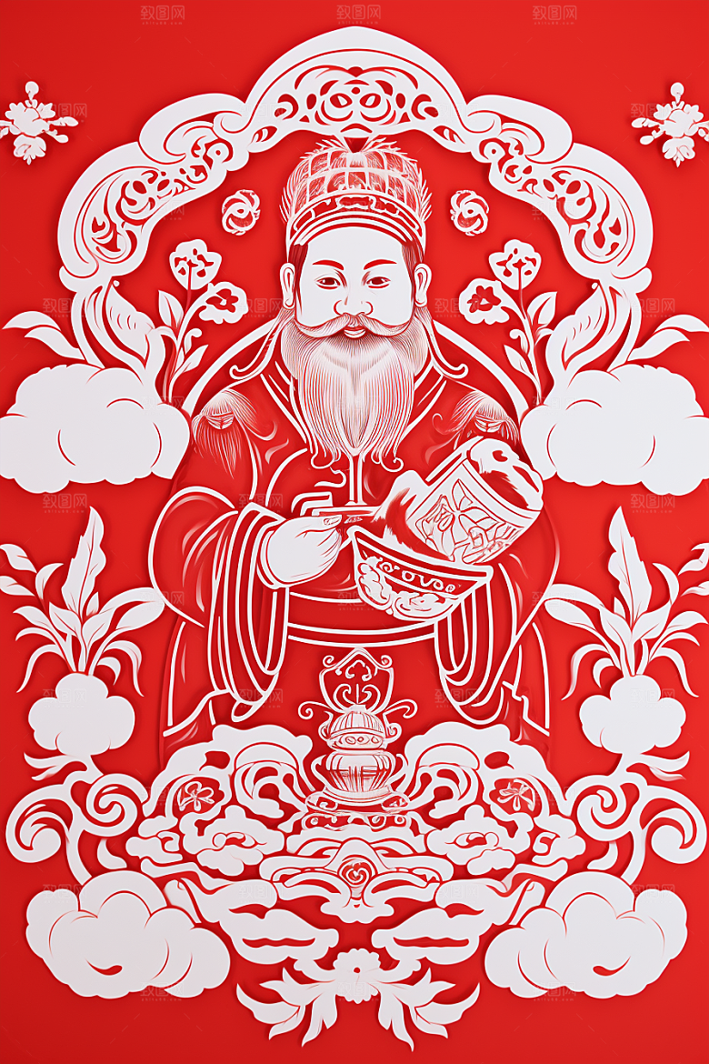 迎灶王爷小年红色剪纸
