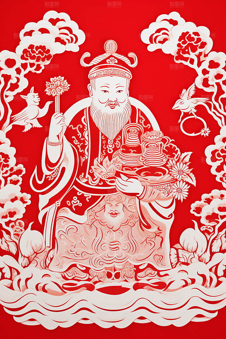 迎灶王爷红色小年剪纸