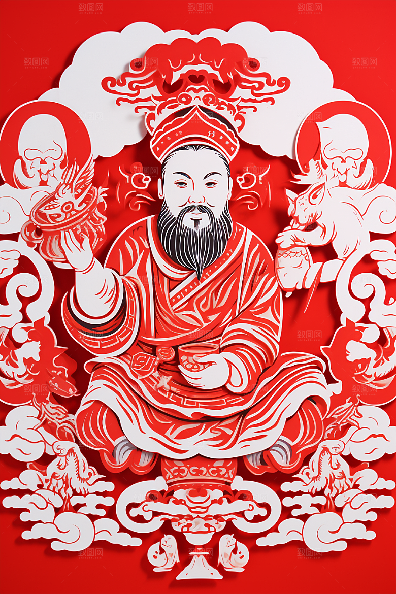迎灶王爷传统红色剪纸