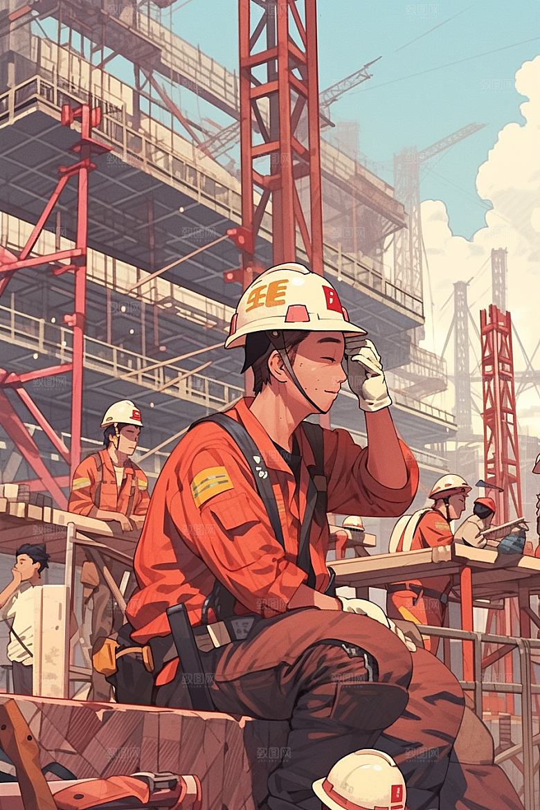 建筑工人致敬劳动者施工插画