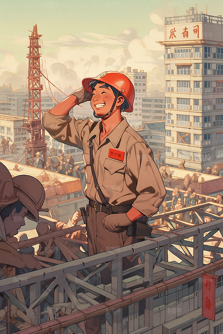 建筑工人致敬劳动者施工插画