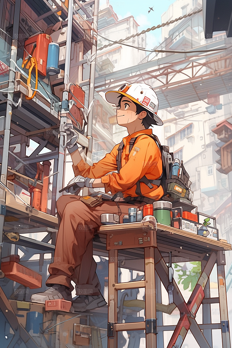 建筑工人施工手绘插画
