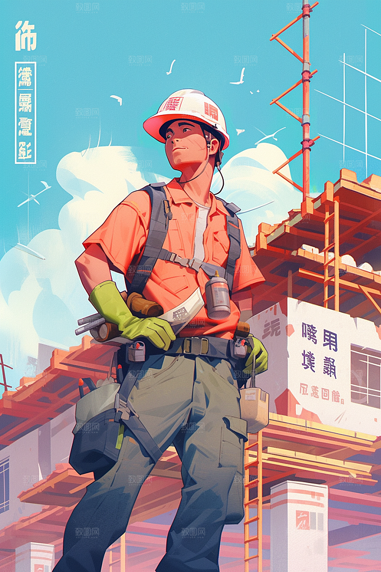 建筑工人艺术手绘插画