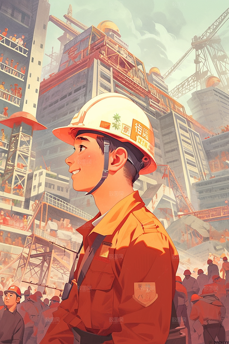 建筑工人手绘艺术插画