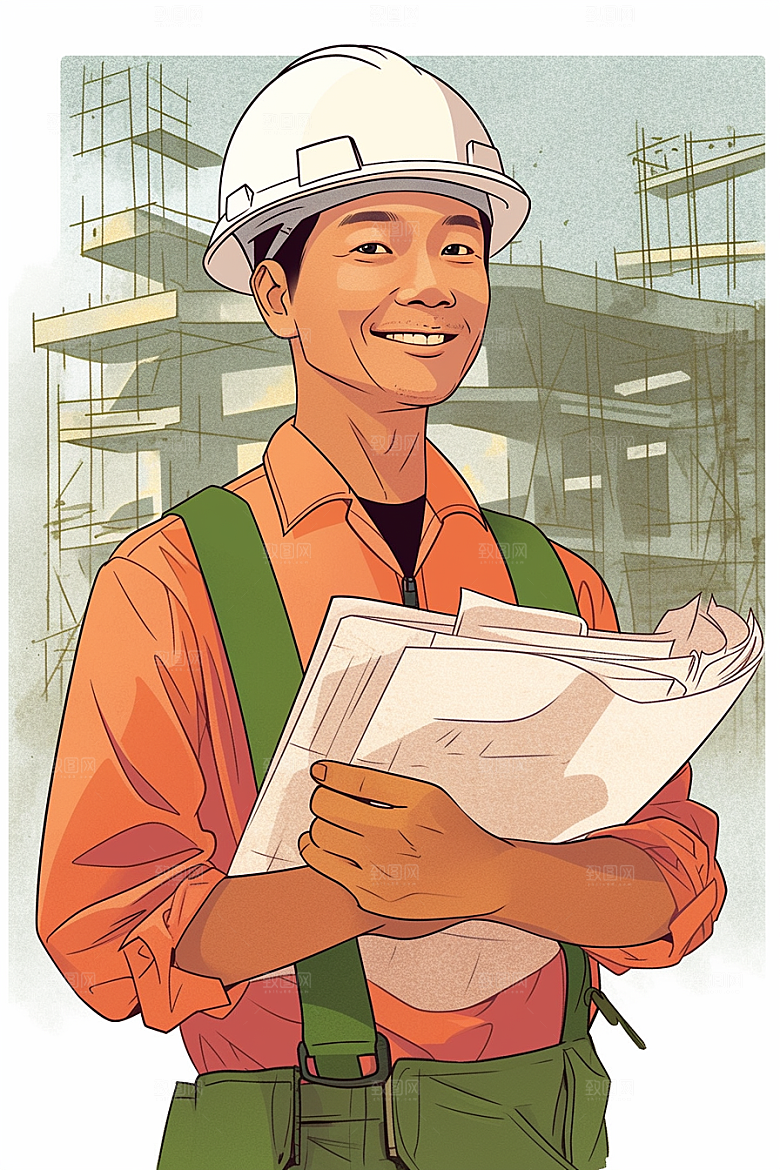 建筑工人致敬劳动者施工插画