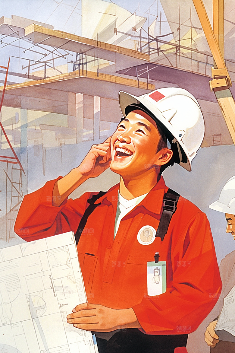 建筑工人施工手绘插画