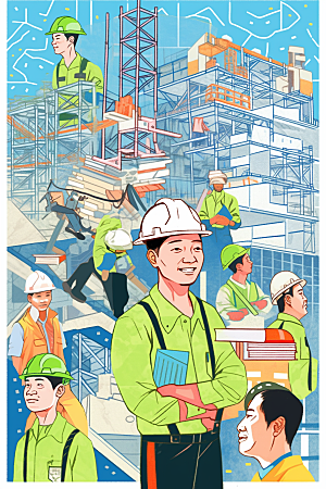 建筑工人人物肖像五一劳动节插画
