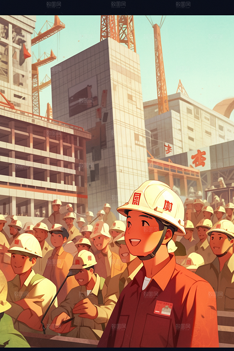 建筑工人工地建设插画